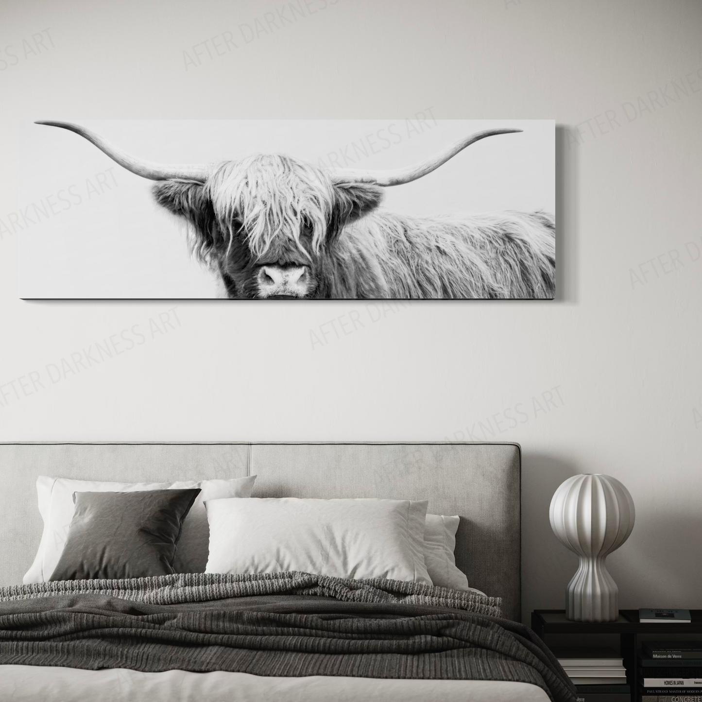 HIGHLAND COW CANVAS "UNDER WHITE SKIES" PANORAMIC