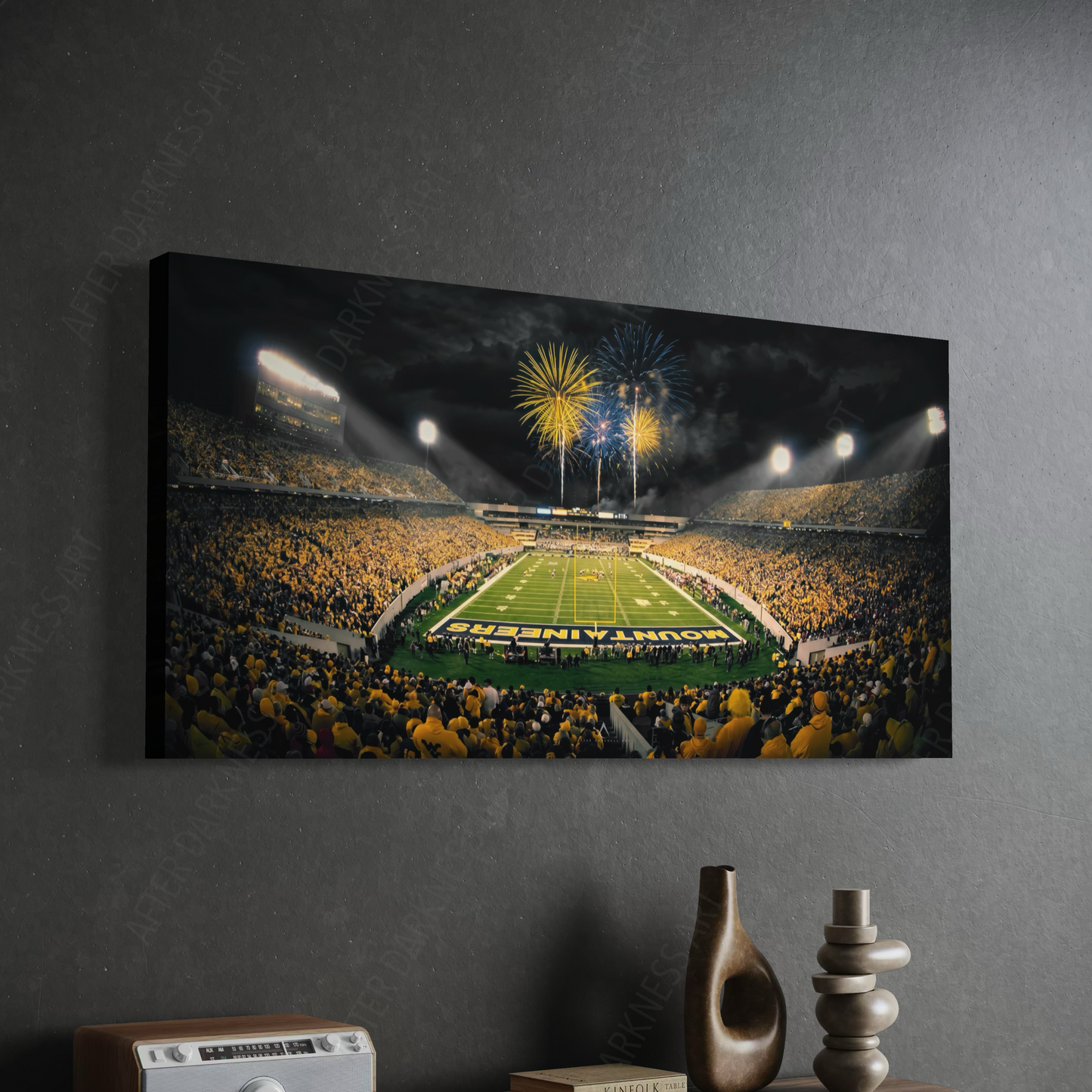 WEST VIRGINIA MOUNTAINEERS CANVAS "FIRE OVER MORGANTOWN" MILAN PUSKAR STADIUM