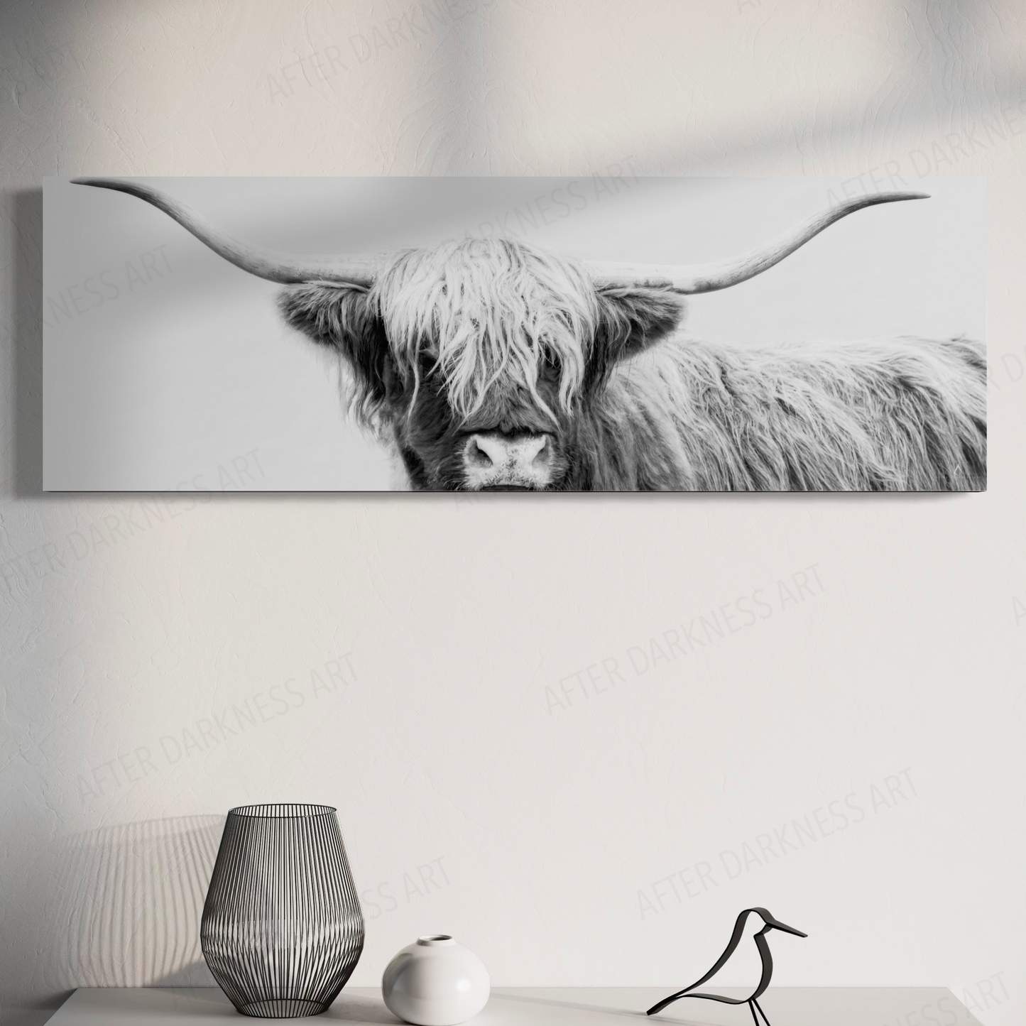 HIGHLAND COW CANVAS "UNDER WHITE SKIES" PANORAMIC