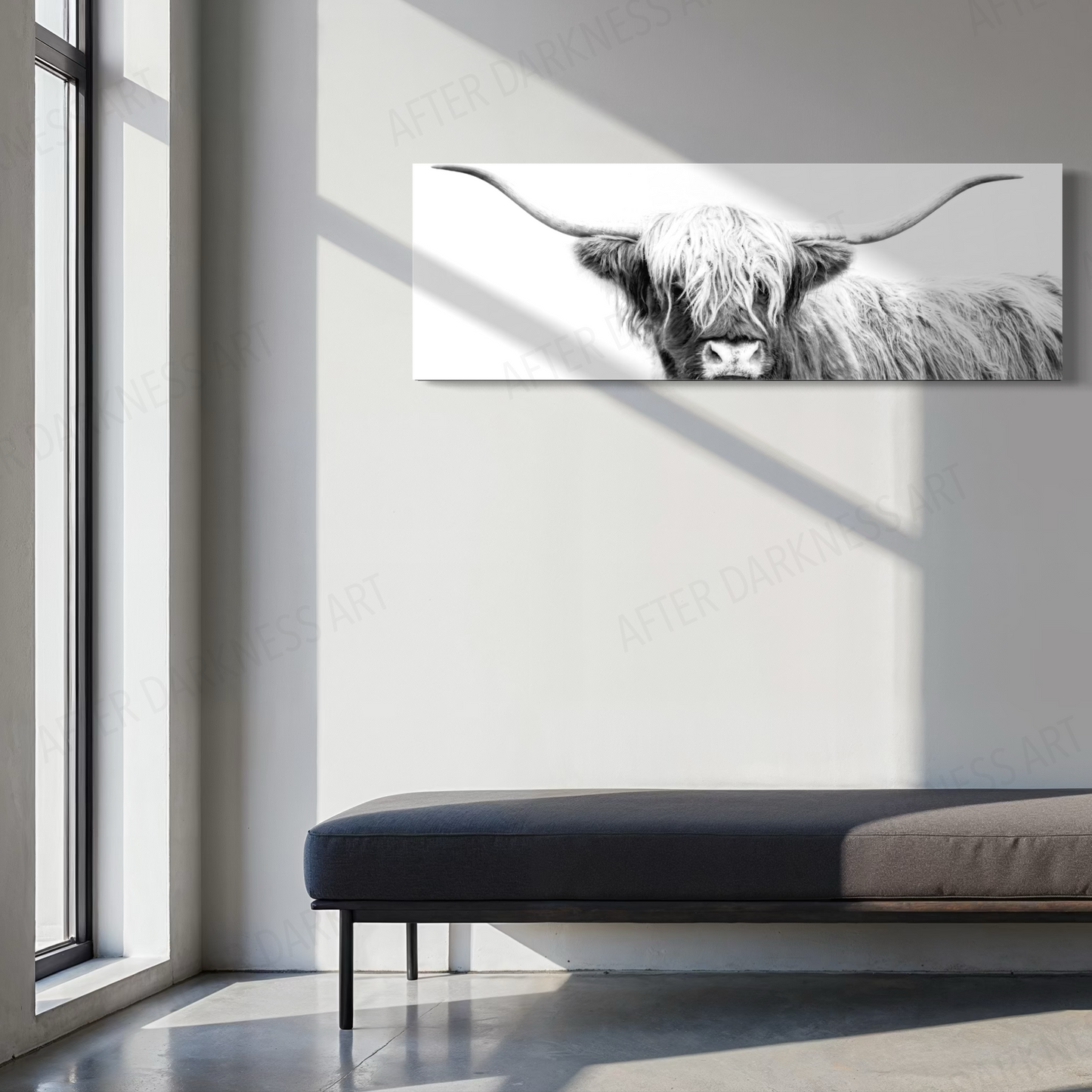 HIGHLAND COW CANVAS "UNDER WHITE SKIES" PANORAMIC