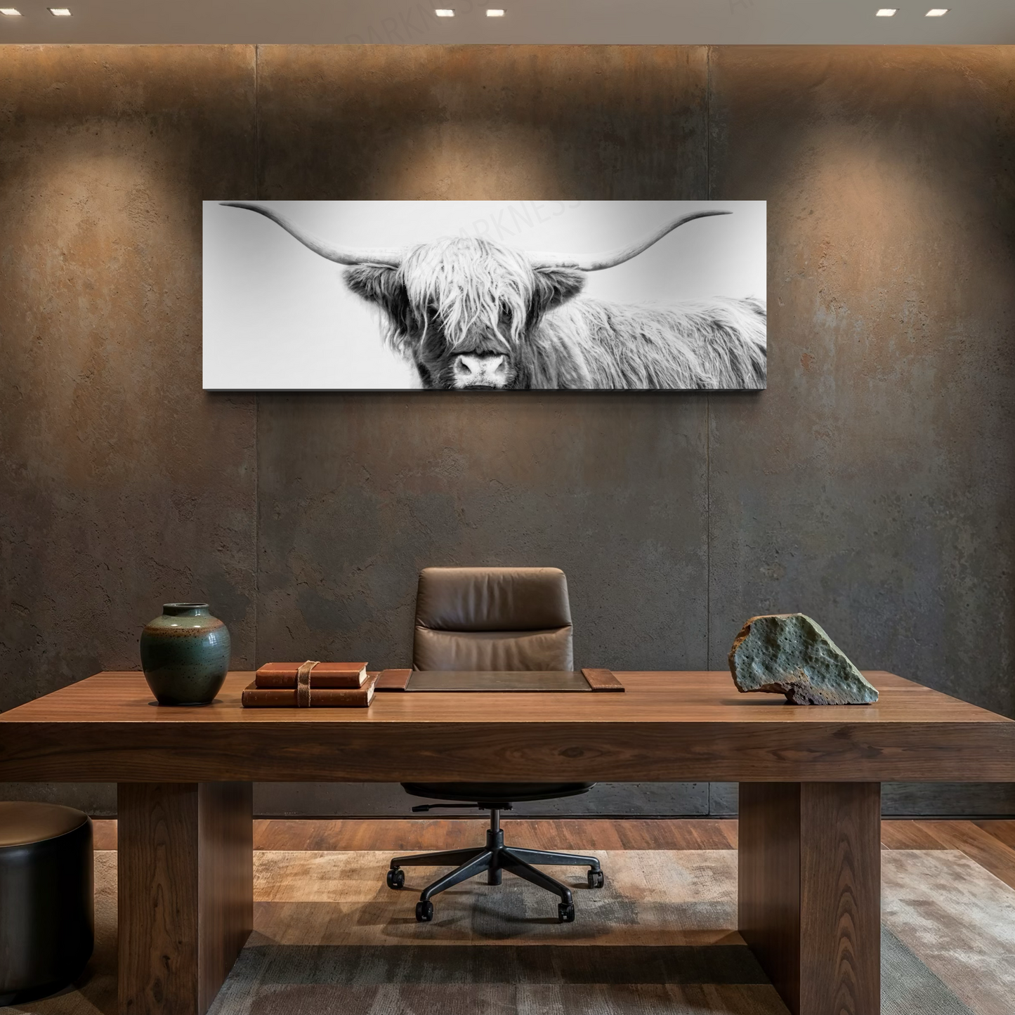 HIGHLAND COW CANVAS "UNDER WHITE SKIES" PANORAMIC