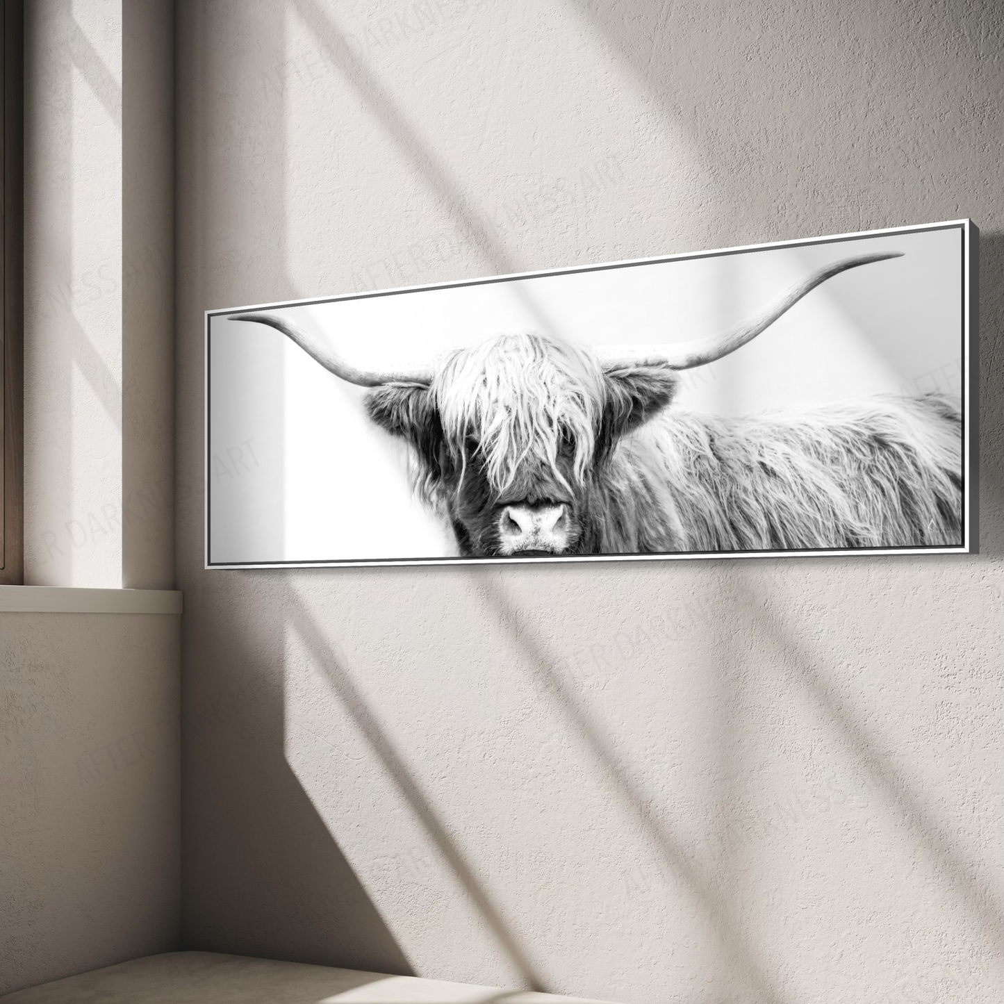 HIGHLAND COW CANVAS "UNDER WHITE SKIES" PANORAMIC